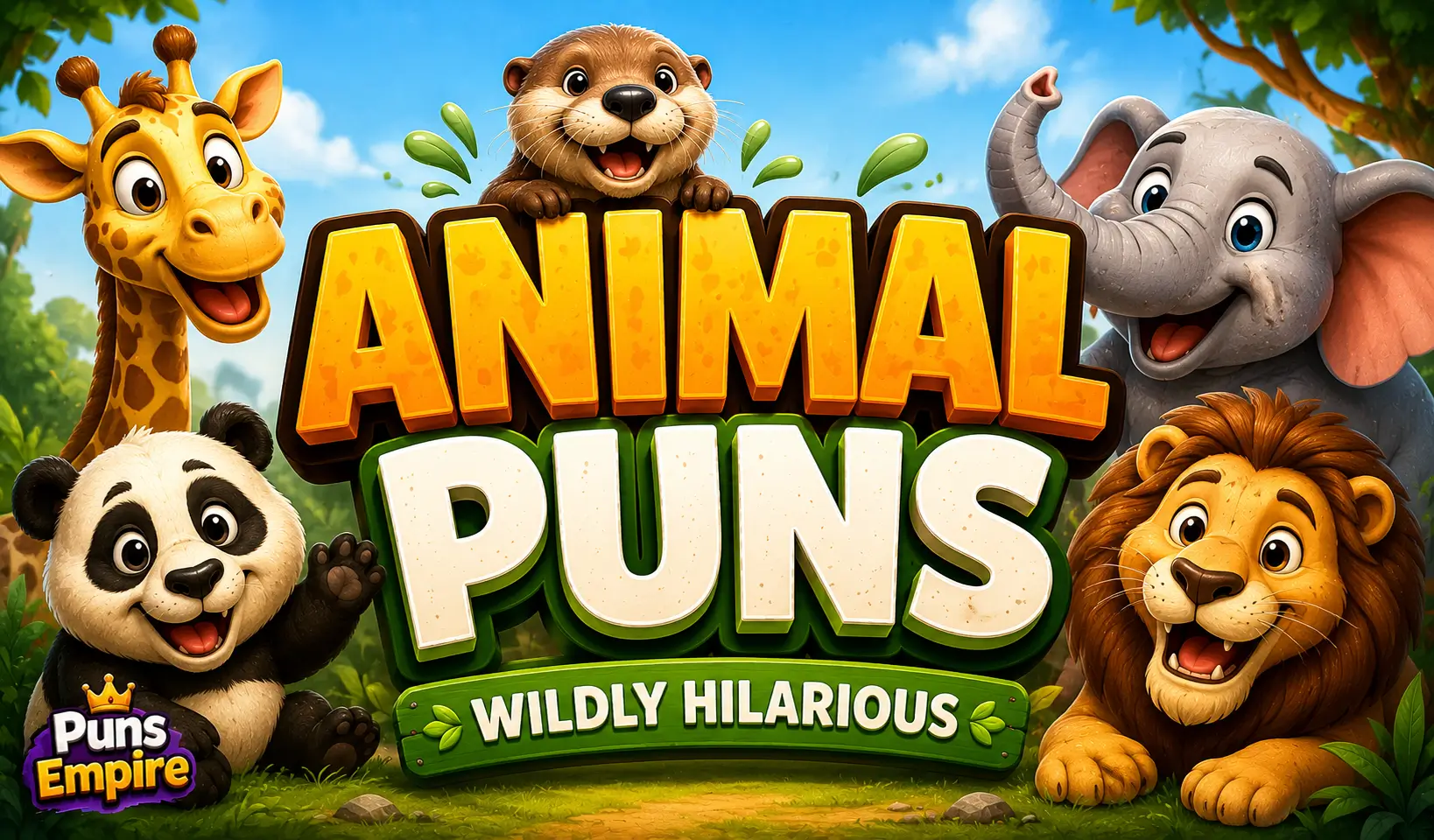 Colorful animal puns thumbnail with bold 3D text, cheerful cartoon animals, and Puns Empire branding.