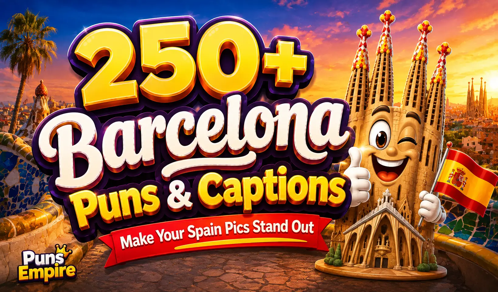 Colorful Barcelona puns thumbnail featuring bold 3D "250+ Barcelona Puns & Captions" text and a cartoon Sagrada Família mascot.