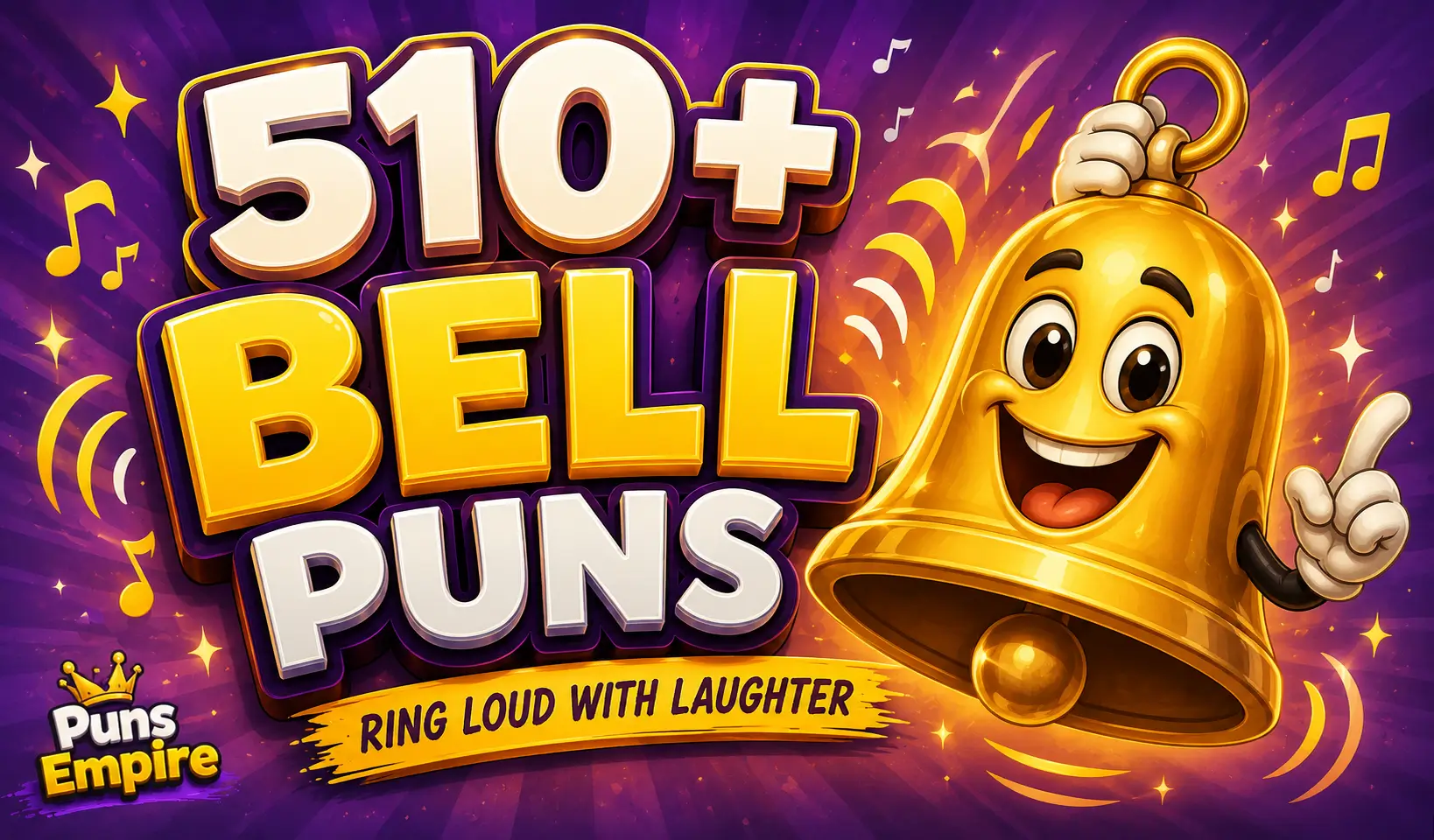 510+ Bell Puns thumbnail with a cheerful golden bell and bold 3D text