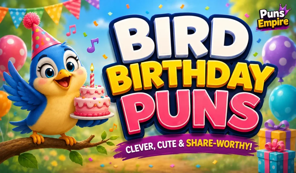 Cheerful cartoon bird with a birthday cake beside bold 3D text for bird birthday puns.