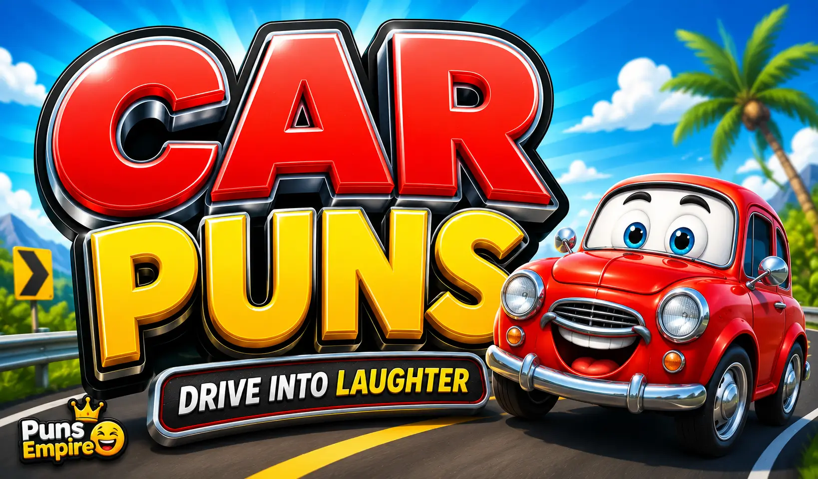 Colorful thumbnail featuring bold 3D "Car Puns" text with a smiling cartoon car for a funny car puns article.