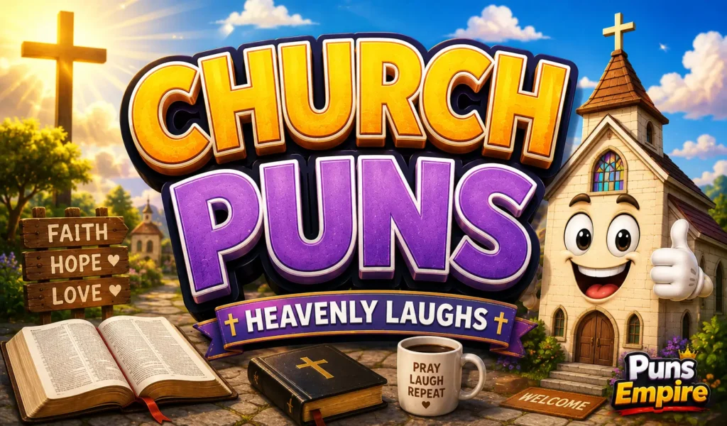 Cartoon thumbnail featuring bold 3D Church Puns text with a smiling church mascot and a sunny churchyard.