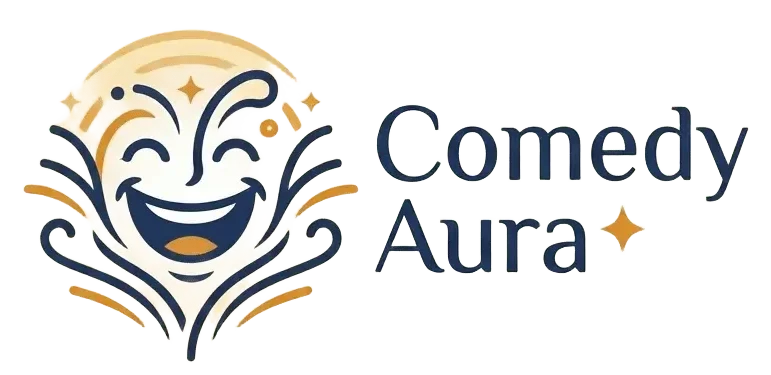Comedy Aura logo featuring a laughing comedy face and bold Comedy Aura lettering
