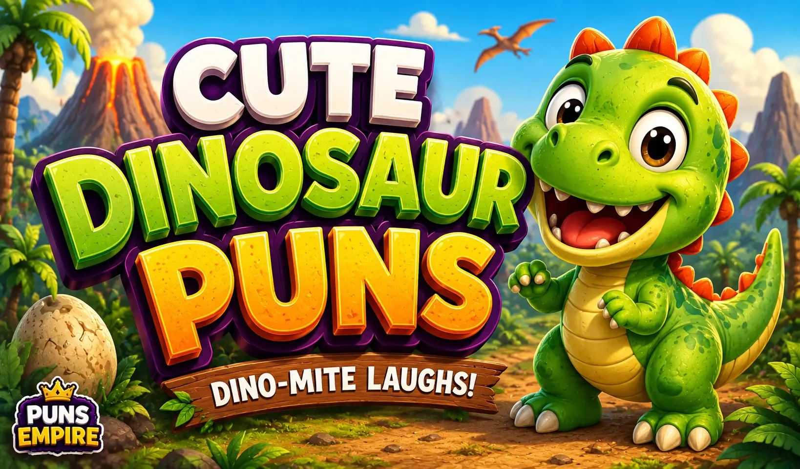 Cute Dinosaur Puns thumbnail featuring bold 3D text and a smiling cartoon dinosaur in a colorful prehistoric scene.