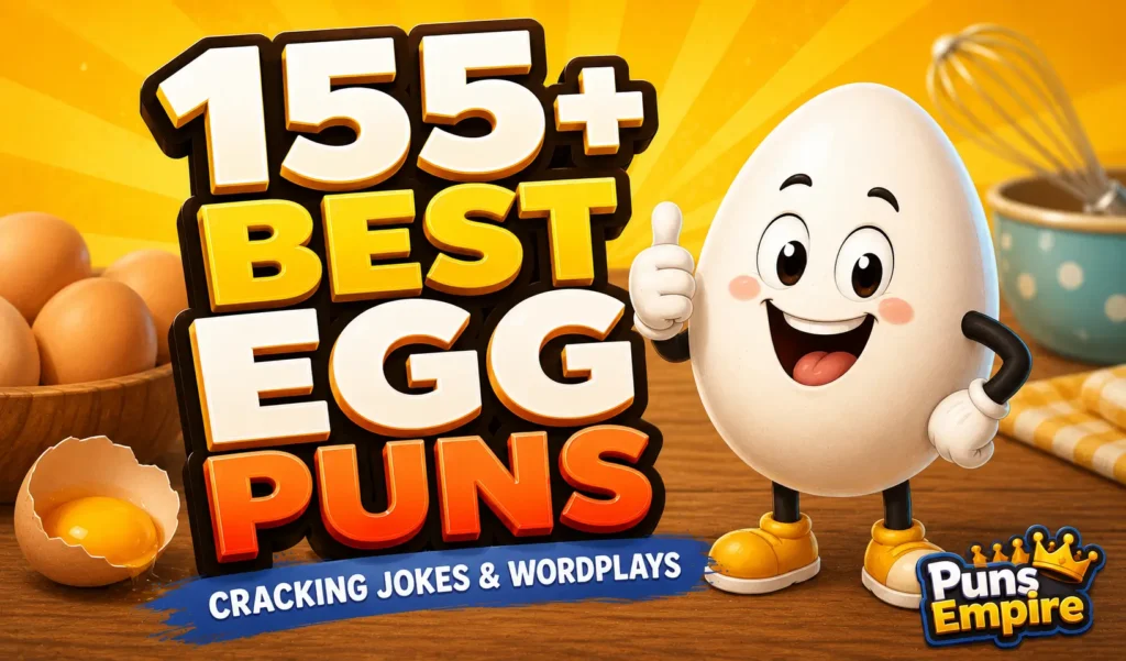 Colorful Egg Puns thumbnail with bold 3D text, a smiling cartoon egg mascot, and Puns Empire branding.