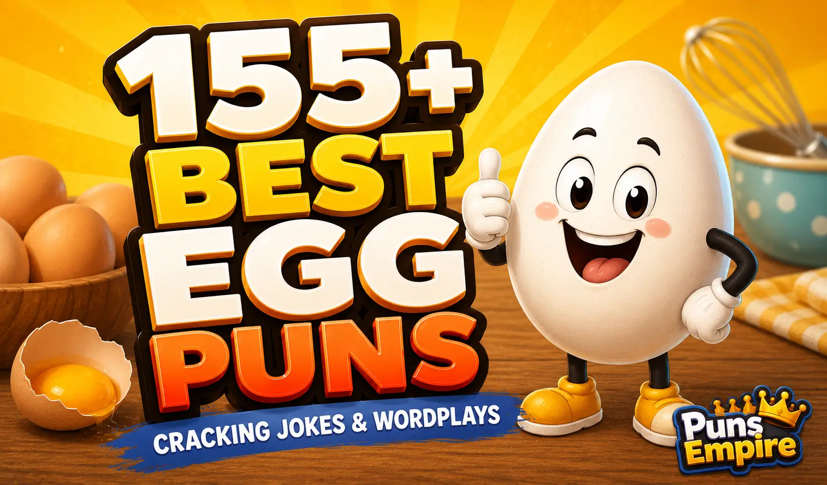 Colorful Egg Puns thumbnail with bold 3D text, a smiling cartoon egg mascot, and Puns Empire branding.