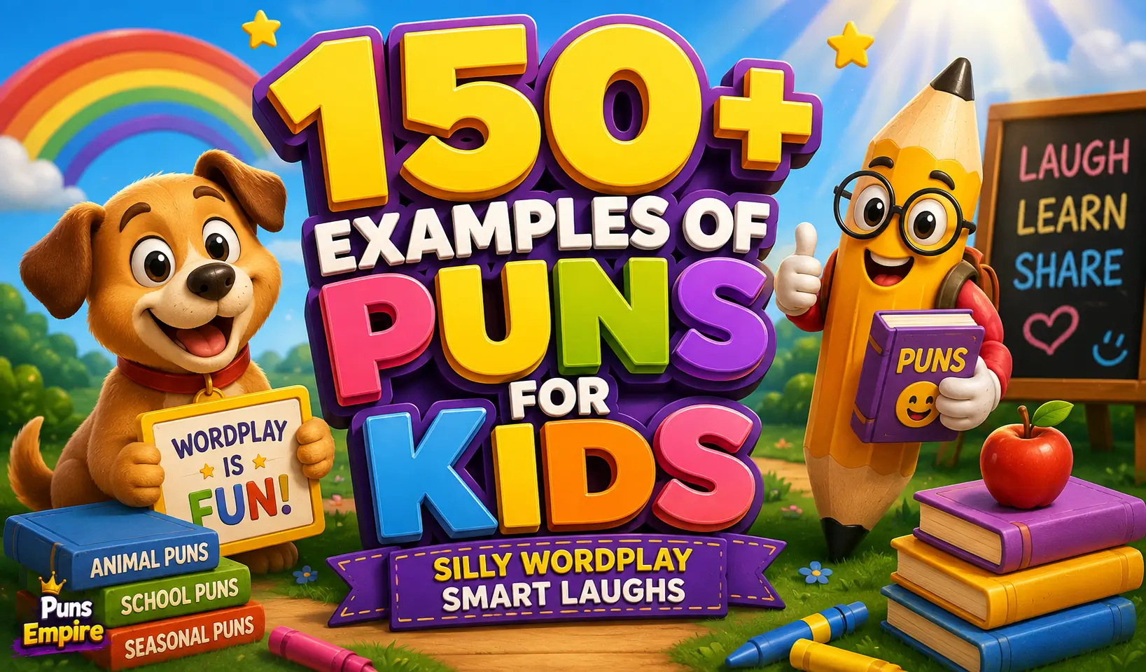 150+ examples of puns for kids with a cheerful dog, pencil character, books, and colorful 3D text