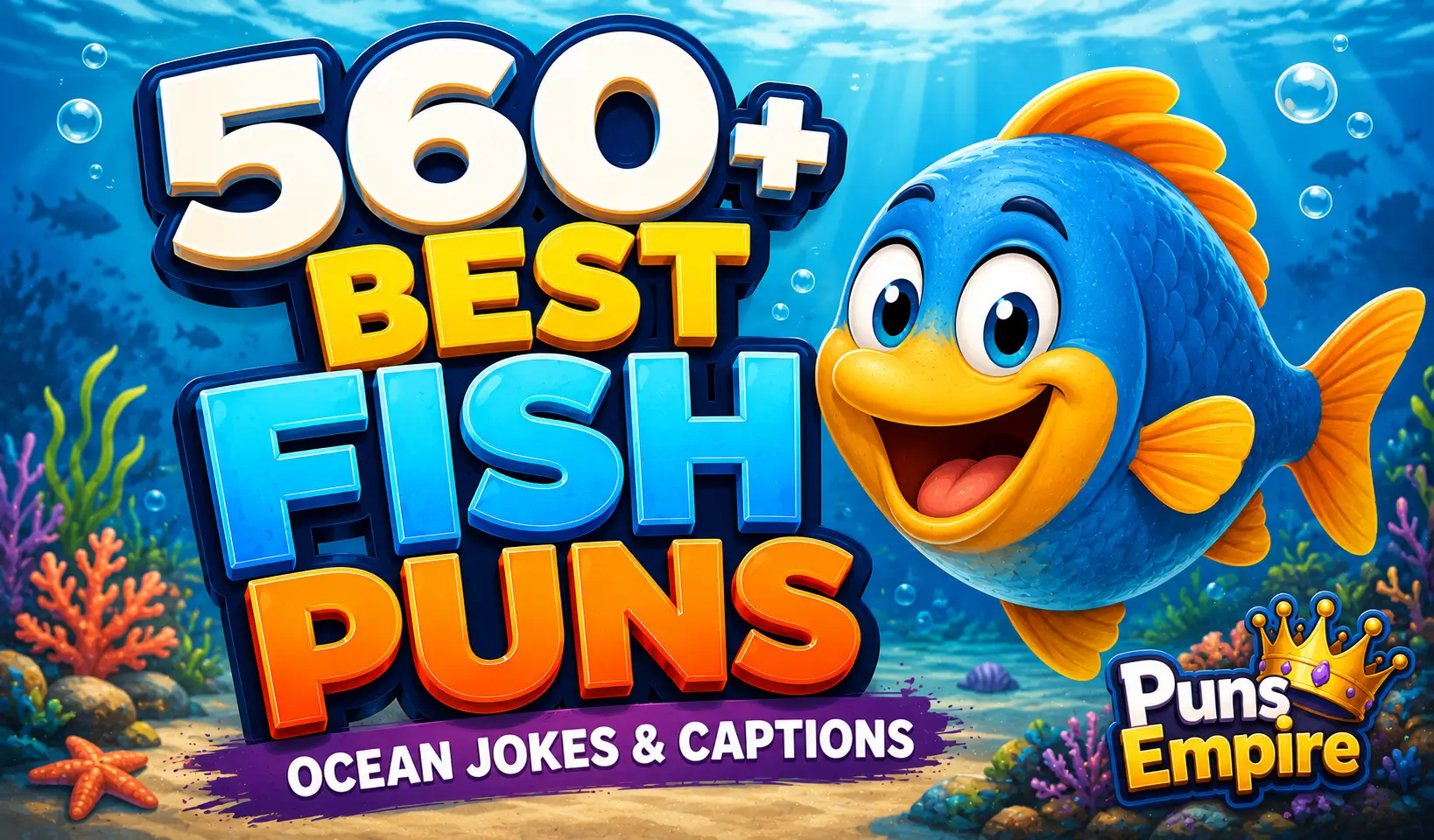 Colorful cartoon fish with bold 3D "560+ Best Fish Puns" text on an underwater background.