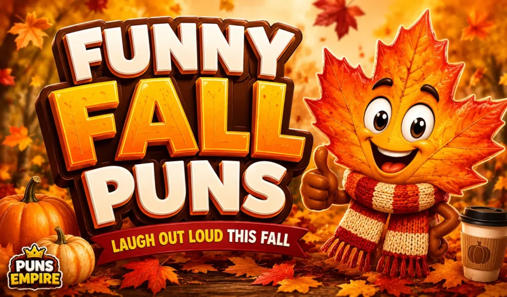 Funny Fall Puns thumbnail with bold 3D text and a smiling autumn leaf character in a fall scene.