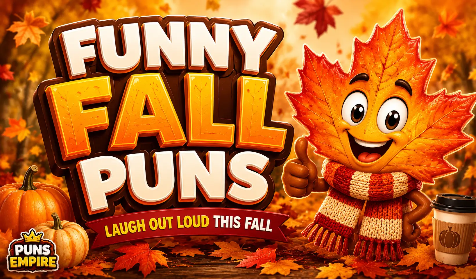 Funny Fall Puns thumbnail with bold 3D text and a smiling autumn leaf character in a fall scene.