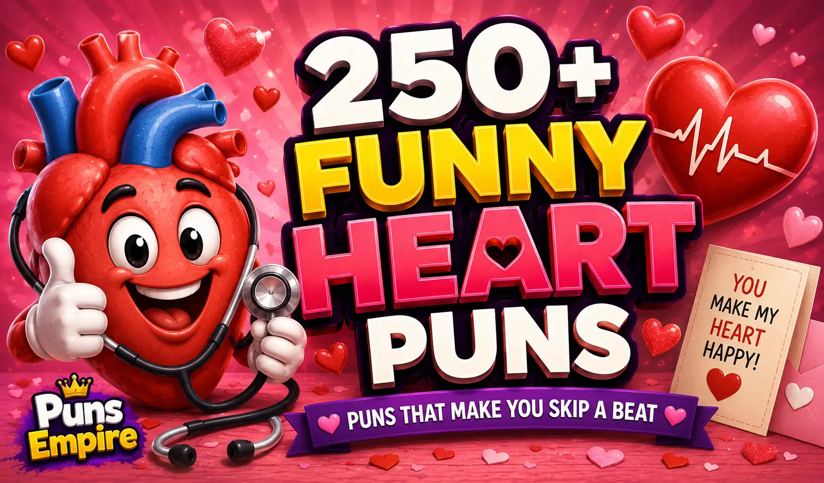 Cartoon heart with bold 3D "250+ Funny Heart Puns" text and Puns Empire logo for the funny heart puns article.