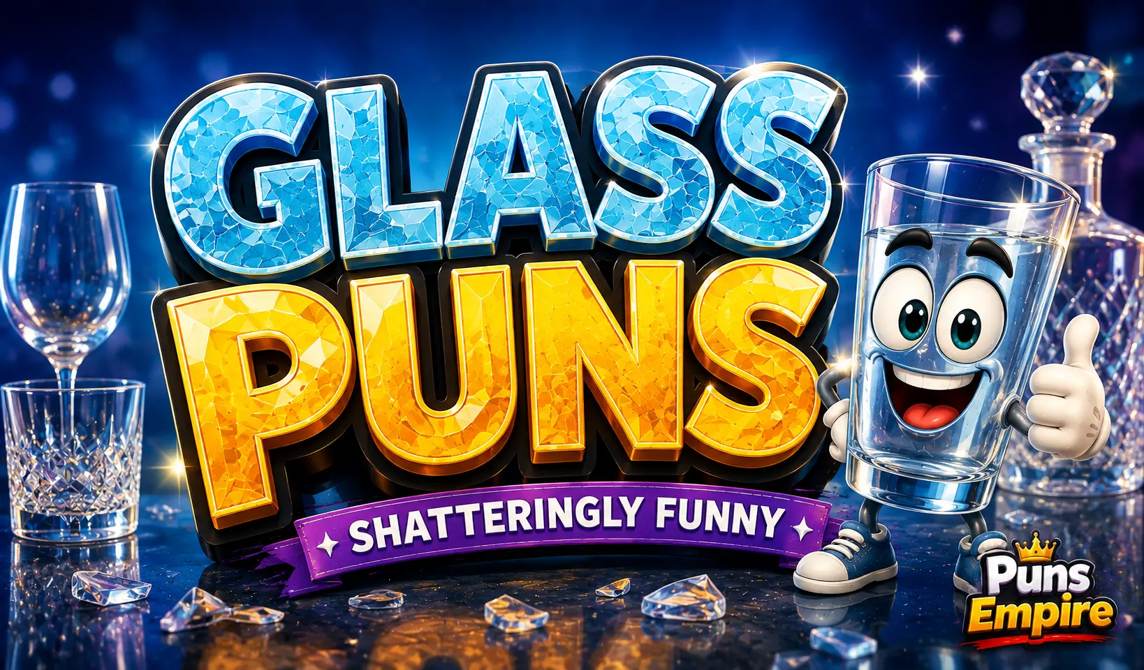 Cartoon thumbnail featuring bold 3D Glass Puns text with a smiling glass mascot and sparkling glassware.
