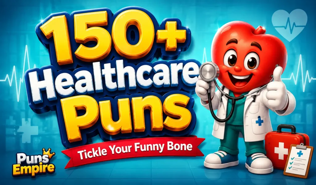 Colorful healthcare puns thumbnail featuring a smiling cartoon doctor and bold 3D "150+ Healthcare Puns" text.