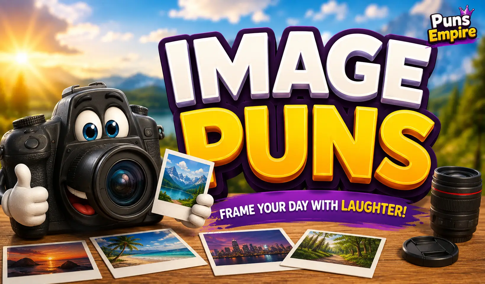 Cartoon camera with bold 3D Image Puns text on a colorful photography-themed background for image puns.