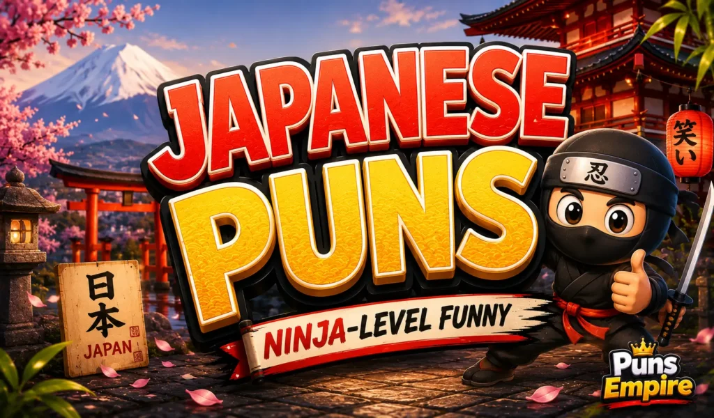 Cartoon thumbnail featuring bold 3D Japanese Puns text with a smiling ninja mascot, Mount Fuji, and cherry blossoms.
