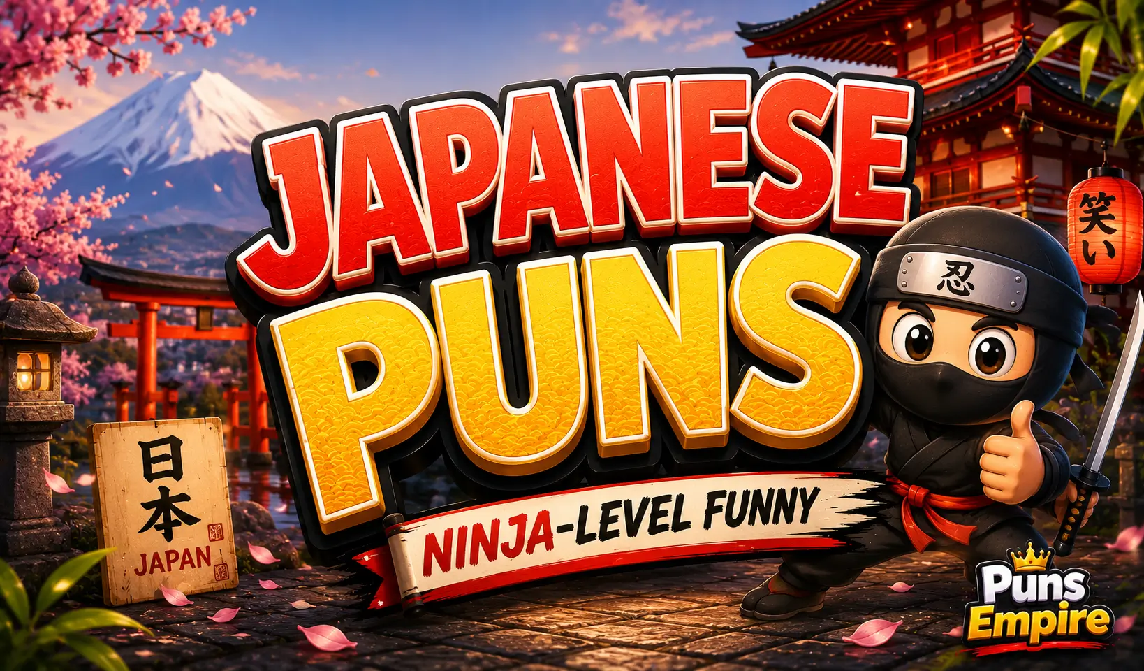 Cartoon thumbnail featuring bold 3D Japanese Puns text with a smiling ninja mascot, Mount Fuji, and cherry blossoms.