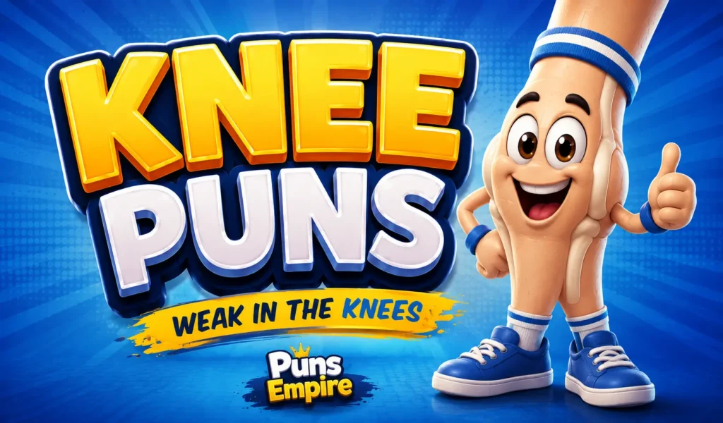 Colorful knee puns thumbnail with bold 3D text, smiling knee mascot, and Puns Empire branding.