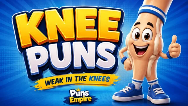 Colorful knee puns thumbnail with bold 3D text, smiling knee mascot, and Puns Empire branding.
