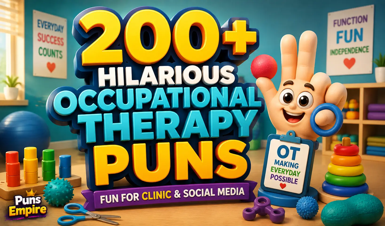 200+ occupational therapy puns thumbnail with a cheerful hand character and colorful therapy tools