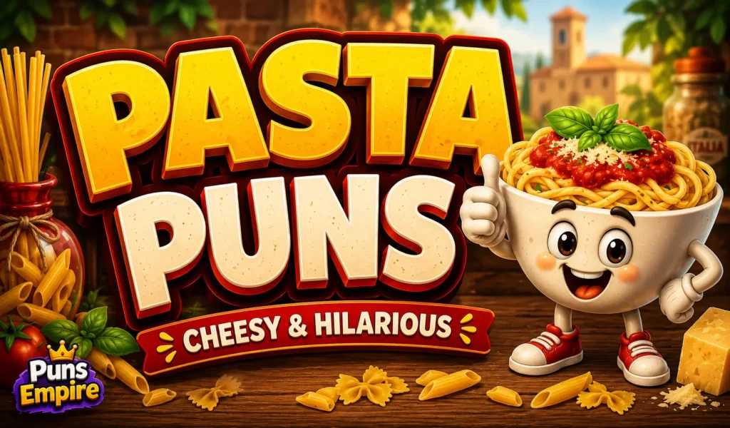 Colorful pasta puns thumbnail with bold 3D lettering, a smiling cartoon pasta bowl, and Puns Empire branding.