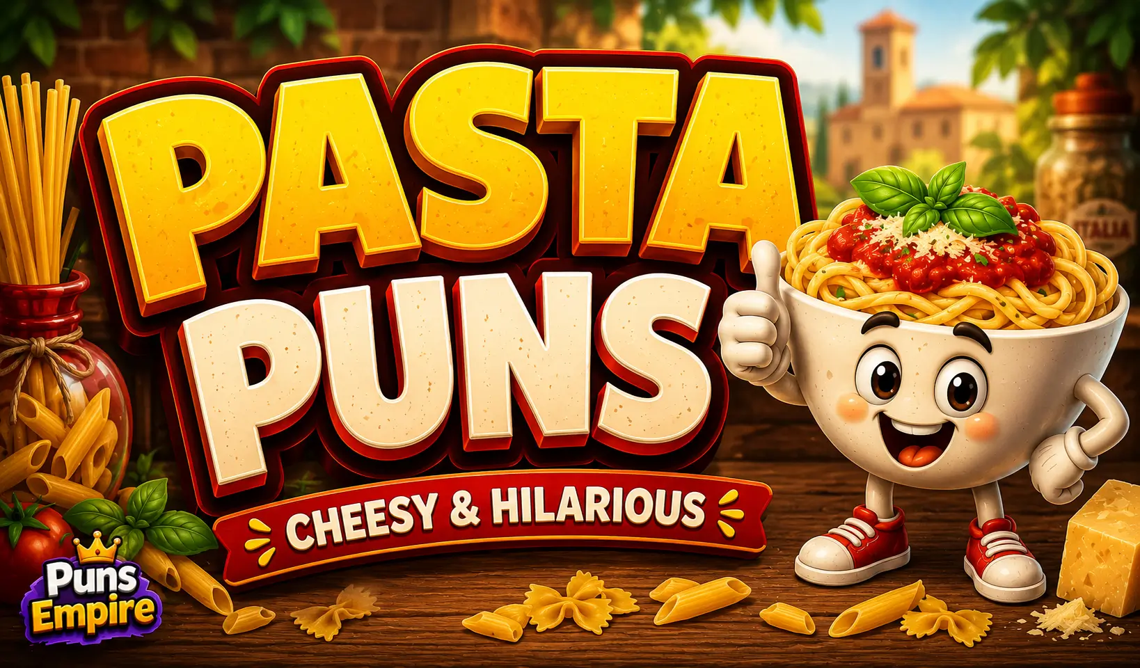 Colorful pasta puns thumbnail with bold 3D lettering, a smiling cartoon pasta bowl, and Puns Empire branding.