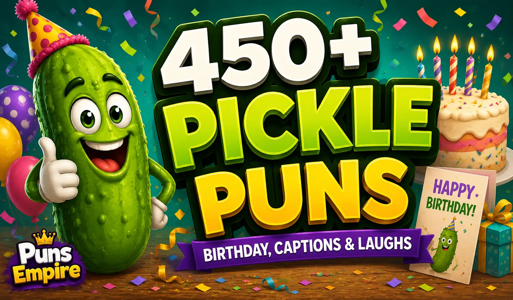 Cartoon pickle wearing a party hat with bold 3D "450+ Pickle Puns" text and Puns Empire logo for the pickle puns for birthday article.