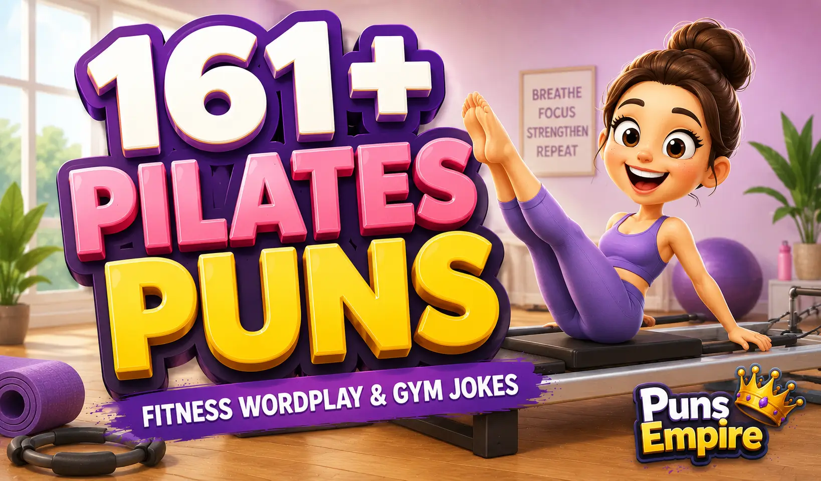 Colorful cartoon Pilates instructor beside bold 3D "161+ Pilates Puns" text in a bright fitness studio.