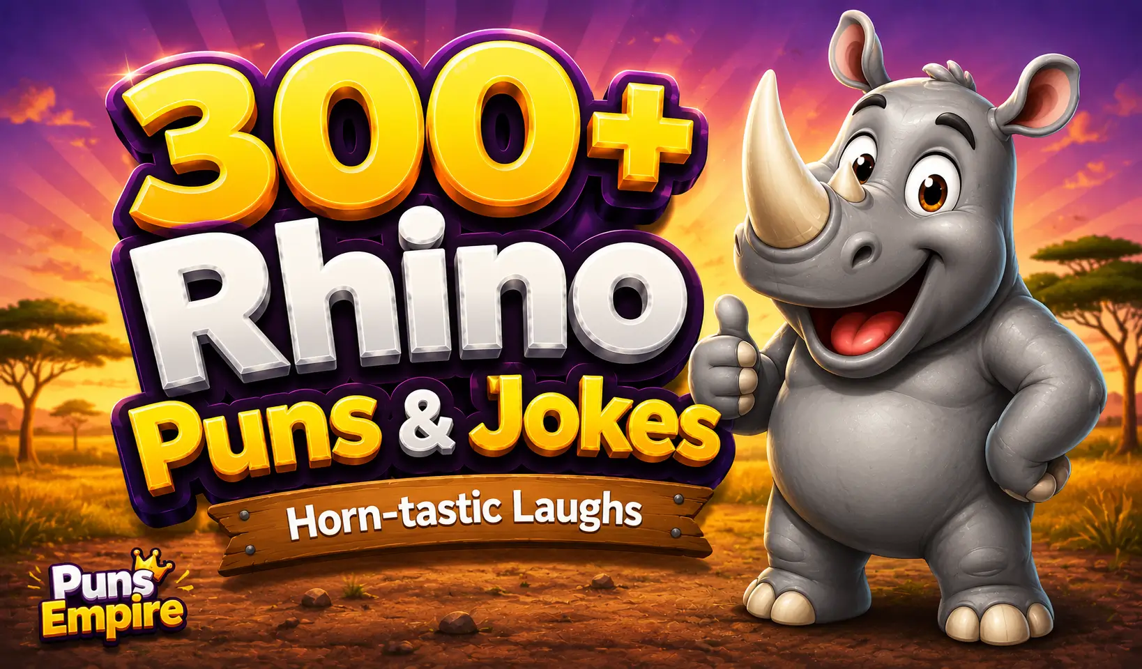 Colorful rhino puns thumbnail featuring a smiling cartoon rhino and bold 3D "300+ Rhino Puns & Jokes" text.
