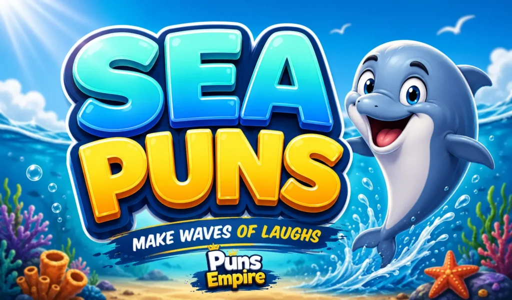 Colorful sea puns thumbnail with bold 3D text, smiling dolphin mascot, and Puns Empire branding.