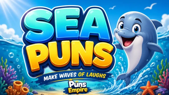 Colorful sea puns thumbnail with bold 3D text, smiling dolphin mascot, and Puns Empire branding.