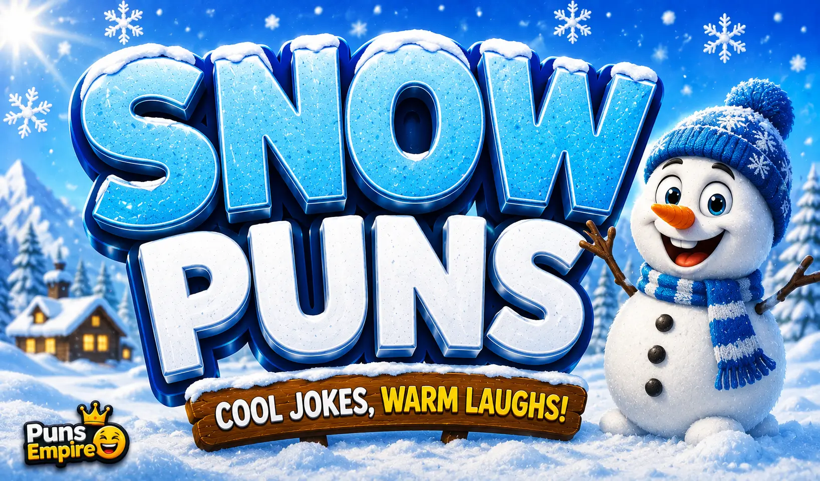 Bold 3D "Snow Puns" text with a smiling cartoon snowman in a snowy winter landscape for a snow puns article.