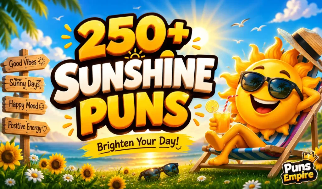 Colorful thumbnail featuring bold 3D text "250+ Sunshine Puns" with a smiling sun mascot and sunshine puns theme.