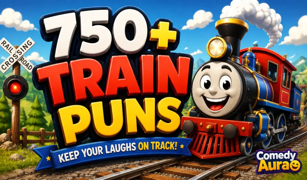 Colorful thumbnail featuring a smiling cartoon train and bold 3D "750+ Train Puns" text.