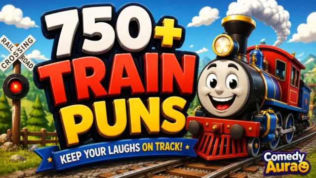 Colorful thumbnail featuring a smiling cartoon train and bold 3D "750+ Train Puns" text.