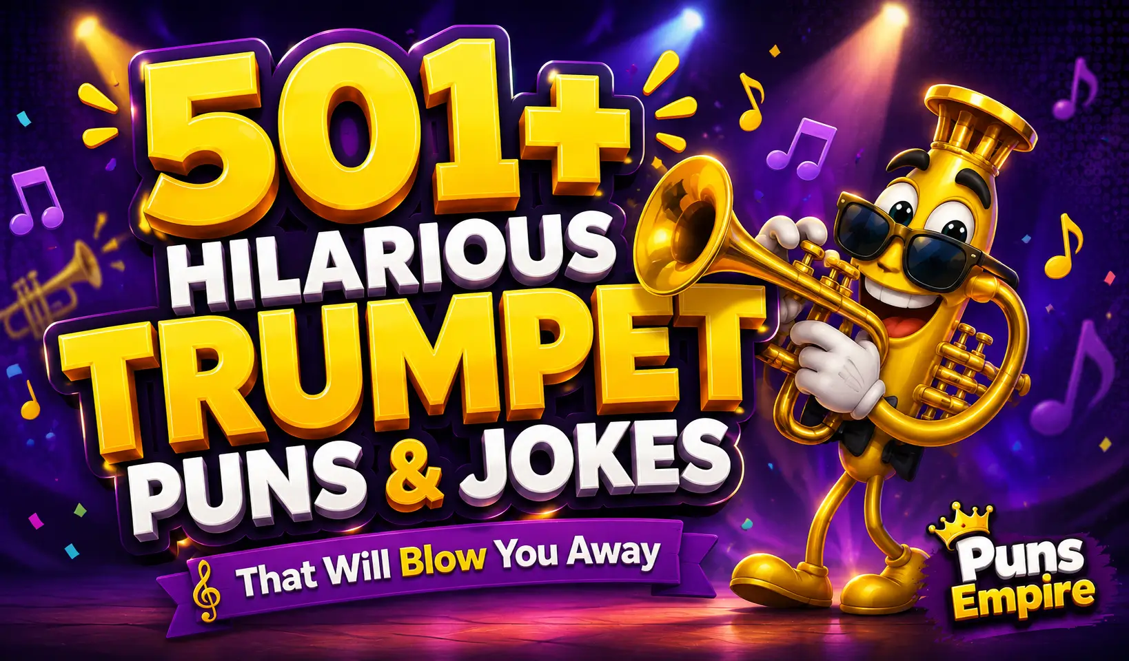 Colorful thumbnail featuring bold 3D text "501+ Trumpet Puns" with a cheerful trumpet mascot and trumpet puns theme.