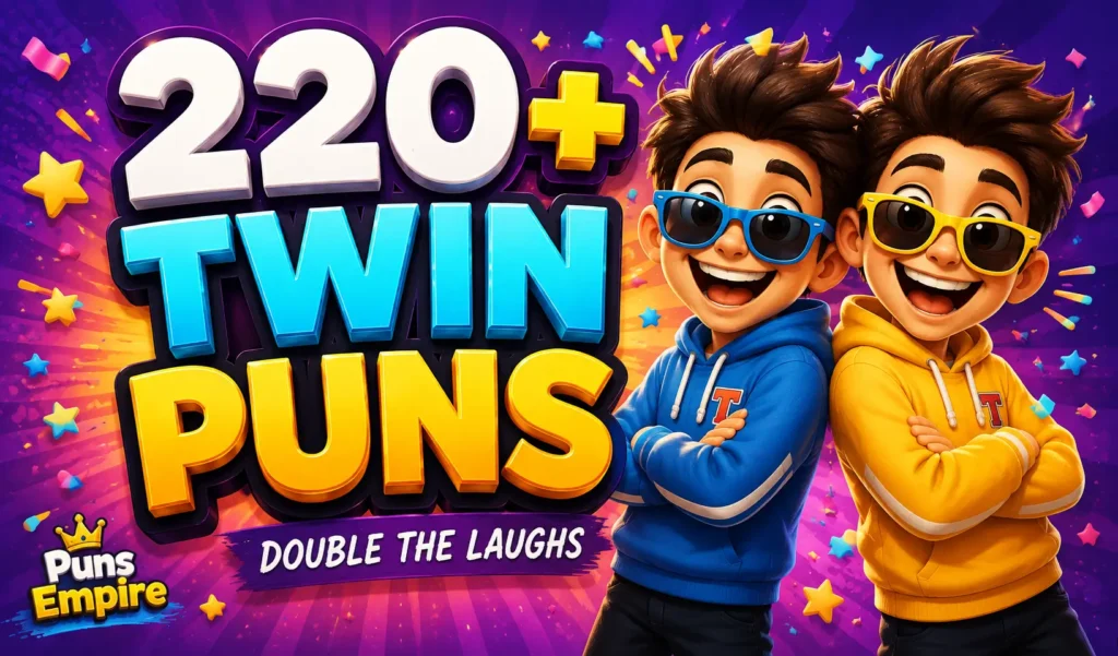 220+ Twin Puns thumbnail with two cartoon twins and bold colorful 3D text