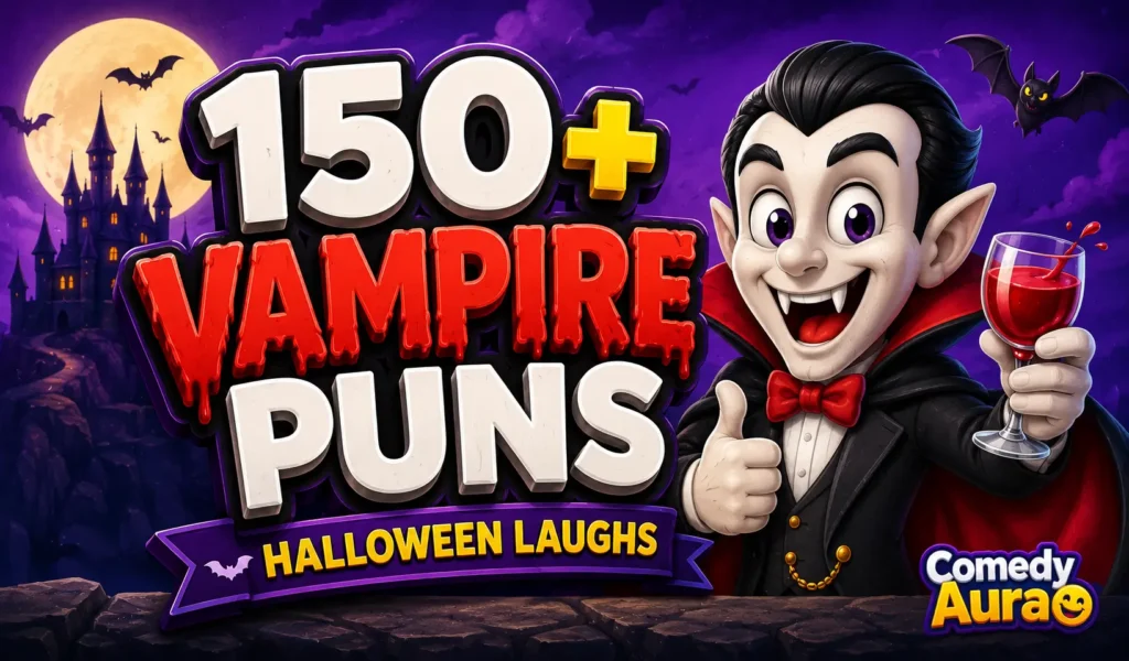 Colorful thumbnail featuring a smiling cartoon vampire and bold 3D "150+ Vampire Puns" text.