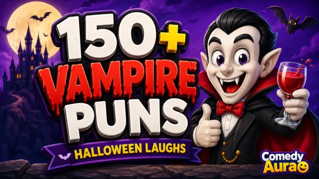 Colorful thumbnail featuring a smiling cartoon vampire and bold 3D "150+ Vampire Puns" text.