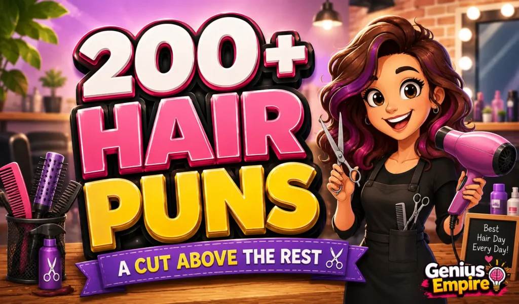 Colorful Hair Puns thumbnail featuring bold 3D text, a smiling cartoon hairstylist, salon tools, and Genius Empire branding.