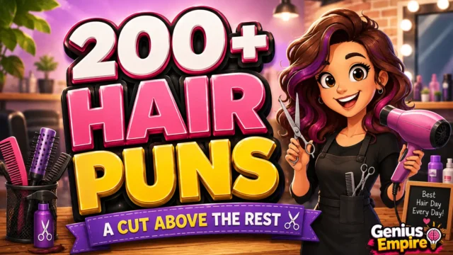 Colorful Hair Puns thumbnail featuring bold 3D text, a smiling cartoon hairstylist, salon tools, and Genius Empire branding.