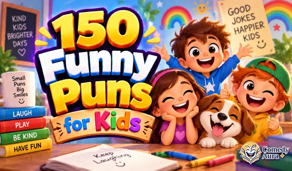 Colorful thumbnail featuring happy children, playful typography, and funny puns for kids with the Comedy Aura logo.