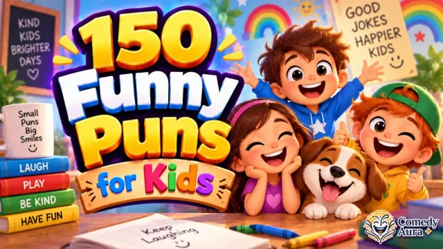 Colorful thumbnail featuring happy children, playful typography, and funny puns for kids with the Comedy Aura logo.