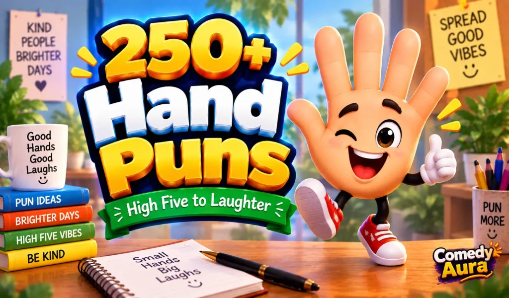 Colorful hand puns thumbnail with bold 3D text, a smiling cartoon hand mascot, and Puns Empire branding.