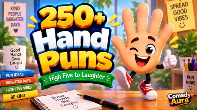 Colorful hand puns thumbnail with bold 3D text, a smiling cartoon hand mascot, and Puns Empire branding.