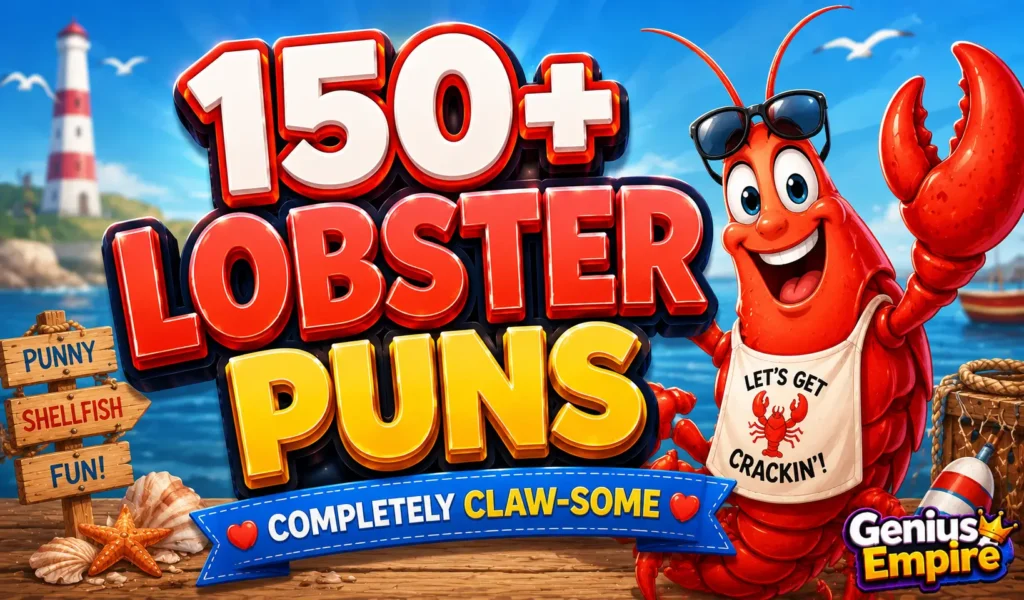 Cartoon lobster with bold 3D "150+ Lobster Puns" text for a funny lobster puns article by Genius Empire.