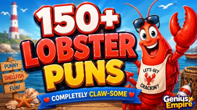 Cartoon lobster with bold 3D "150+ Lobster Puns" text for a funny lobster puns article by Genius Empire.