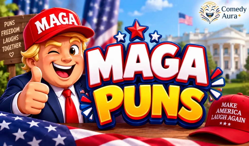 MAGA puns thumbnail with a patriotic cartoon character and bold 3D MAGA Puns text