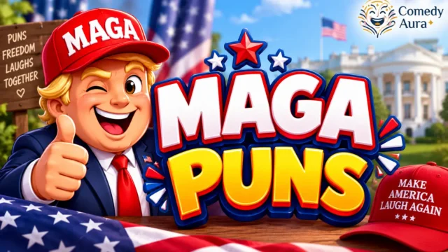 MAGA puns thumbnail with a patriotic cartoon character and bold 3D MAGA Puns text