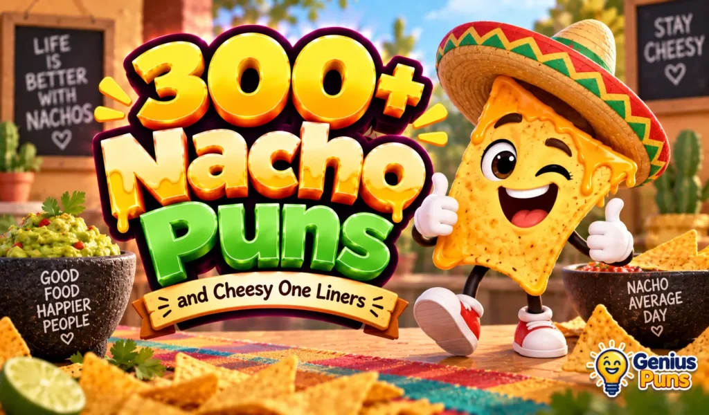 Colorful Nacho Puns thumbnail with a smiling cartoon nacho chip and bold 3D "300+ Nacho Puns" text.