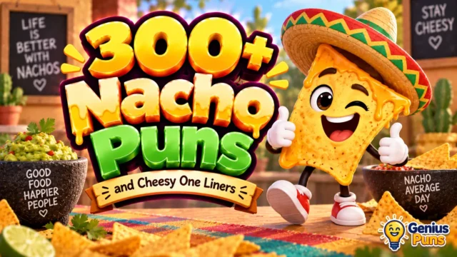 Colorful Nacho Puns thumbnail with a smiling cartoon nacho chip and bold 3D "300+ Nacho Puns" text.